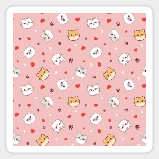 Seamless pattern of a cute different cats, hearts and animal's paws Sticker